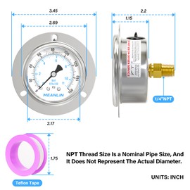 MEANLIN MEASURE 0~160Psi Liquid Filled Pressure Gauge Front Flange Panel Mount, 1/4" NPT 2.5" FACE DIAL Stainless Steel Case with Phillips Screw and Nut, +/-3-2-3%