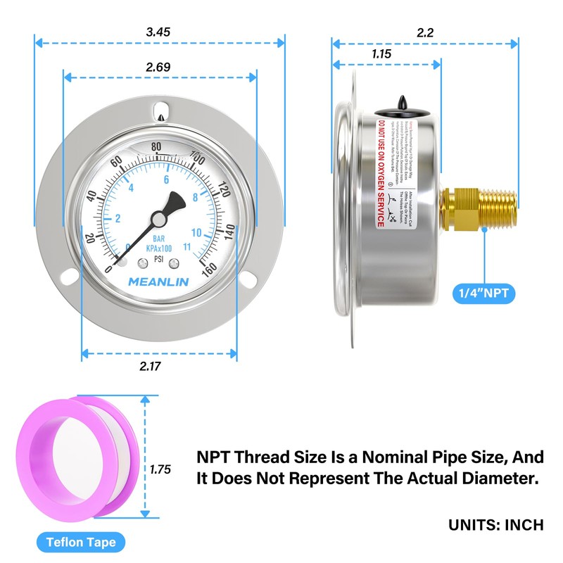 MEANLIN MEASURE 0~160Psi Liquid Filled Pressure Gauge Front Flange Panel
