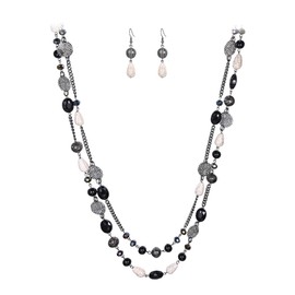 Ever Faith 2 Layer Beaded Long Necklace for Women, Boho Strand Beads Black Statement Collar Necklaces Fashion Trendy Summer Jewellery for Beach Pool Party Black-Tone