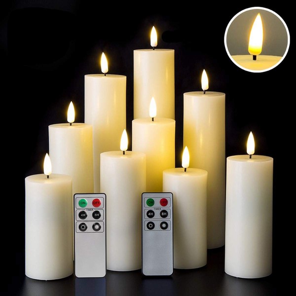 Eywamage Realistic Slim Flameless Pillar Candes with Remote, Flickering Tall LED Battery Fireplace Candles Decor, 9 Pack Ivory D 2" H 4" 5" 6" 7" 8" 9"