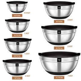 AIKKIL Mixing Bowls with Airtight Lids, 20 piece Stainless Steel Metal Nesting Bowls, Non-Slip Silicone Bottom, Size 7, 3.5, 2.5, 2.0,1.5, 1,0.67QT Great for Mixing, Baking, Serving (Black)