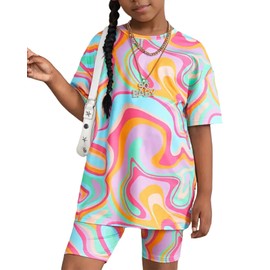 OXUBOAO Girls 2 Piece Outfit Set Oversized Graphic Tshirts and Leggings Short Sleeve Top + Biker Shorts Kids Summer Clothes (Pink， 9-10T)