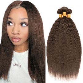 Chocolate Brown Bundle Color 4 Kinky Straight Human Hair Bundles Dark Brown Yaki Straight Bundles Human Hair Color #4 Bundle 8 10 12 Inch