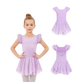Arshiner Ballet Leotard, Children, Shoulder Ruffle Sleeves, Ballet Costume, Criss Cross Back, Chiffon Skirt, Cotton Fabric, Solid Color, Dance Skirt, Juniors, Kids, Rhythmic Gymnastics Clothes,
