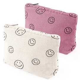ZIBUYU® 2-Piece Corduroy Makeup Bag Toiletries Bag Travel Makeup Bag Makeup Zipper Pouch Utility Zipper Pouch Fashion Smile Face Print Corduroy Makeup Bag, 25x18cm, Multi, Multi