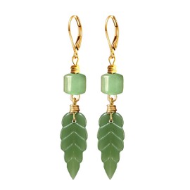Green Dongling Jade Leaf Drop Earrings,14K Yellow Gold Plated Natural Real Quartz Crystal Gemstone Dangle Earrings Jewelry for Women (A04)