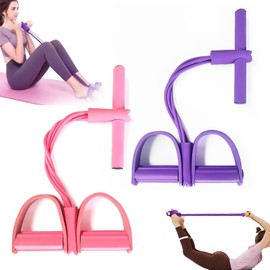 2PC 21 Fitness Resistance Bands-4 Tube Pedal Ankle Puller, Stirrup Puller for Exercise,2025 New Sit up Leg Stretch Rope Exercise Bands with Handles for Women Men (Purple+Pink)
