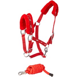 Cwell Equine NEW Horse print fur padded headcollars halter + matching lead RED Choice of Sizes (COB)