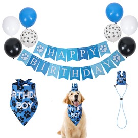 HDKUW Dog Birthday Party Supplies Set, Dog Girl Boy Birthday Bandanas Set with Dog Birthday Hat, Scarf, Birthday Banner, and Balloons, Puppy Dog Pals Birthday Party Decorations Blue