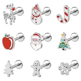BodyAce 9PCS Christmas Lip Bars Labret Rings, 16 Gauge Flat Back Tragus Earrings for Women, Christmas Tree Conch Helix Piercing Santa Medusa Jewellery [BL:6mm]