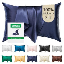 Glodex 100% Pure Mulberry Silk Pillowcase for Hair and Skin Face - Both Sides 25 Momme Grade 6A with Hidden Zipper Ultra-Soft and Breathable 1Pc Gifts for Women Men (Navy Blue, Queen 20"×30")