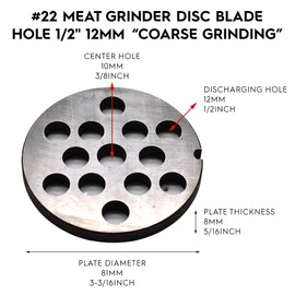 1 Pack #22 Meat Grinder Plate Disc Blade, Reversible Use Cutting Disk with Outer Diamter 3-3/16" 81mm Meat Discharging Outlet Hole 1/2“ 12mm (Coarse Grinding)