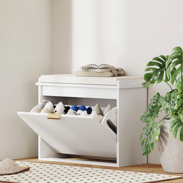 HOMCOM Shoe Bench with Padded Seat and Flip-Drawer for 6