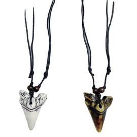 2 Pcs Set Shark Tooth Pendant Necklaces Shark Teeth Wax Rope Necklace Summer Beach Resin Tooth Shaped Pendant Surfer Leather Necklaces for Women Men