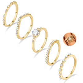 Macachii Pack of 5 Silver Women's Rings Women Stack Cubic Zirconia 14k Gold Engagement Ring Women's Statement Ring Women's Stackable Thumb Ring Finger Ring Set Jewellery