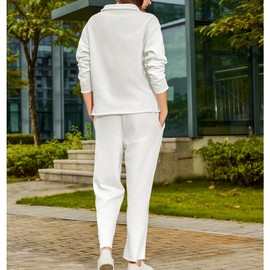 Ainangua Casual 2 Piece Sets for Women V Neck Long Sleeve Tops Wide Leg Pants Workout Outfits Fashion Carmel Travel Set(Light-Gray,XL)