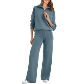 Glamaker Womens 2 Piece Outfits Sweatsuit Set Oversized Half Zip Sweatshirt Wide Leg Sweatpants Lounge Set Tracksuit, Grey Blue, X-Large