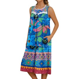 Womens Cotton Nightgown Long Sleeveless Mumu Dress Button Down House Dress Sleepwear with Pockets(Floral Blue,M)