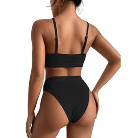 Lilosy - Conjunto de traje de baño brasileño de cintura alta con control de abdomen y parte superior acanalada, 2 piezas, Negro suave, M