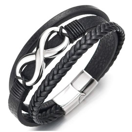 Men Women Steel Infinity Love Number 8 Friendship Three-Strand Black Braided Leather Bangle Bracelet(CA)