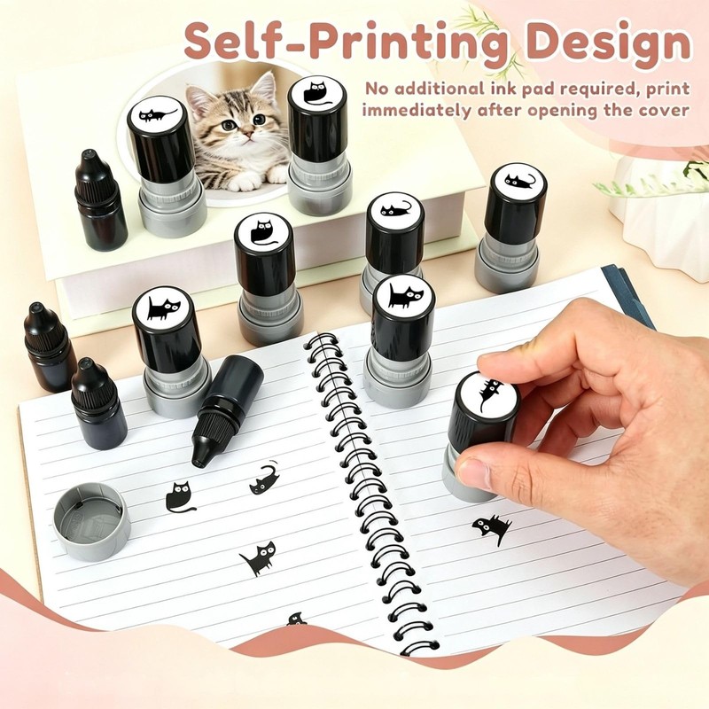 Cat Stamps, Self Inking Black Pattern Mini Kitten Decorative Set