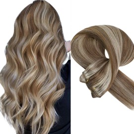 Sunny 100g Sew in Extensions Human Hair Highlight Weft Hair Extensions Brown Blonde Sew in Hair Extensions Real Human Hair Bundle Chestnut Brown Highlights Platinum Blonde Double Wefts 14inch