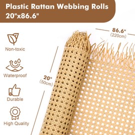 Vehipa Plastic Cane Webbing Roll 20"x86.6", Handwoven PP Synthetic Rattan Rolls, Faux Cane Open Weave Mesh for DIY Furniture Decoration - Beds, Chairs, Cabinets, Ceilings