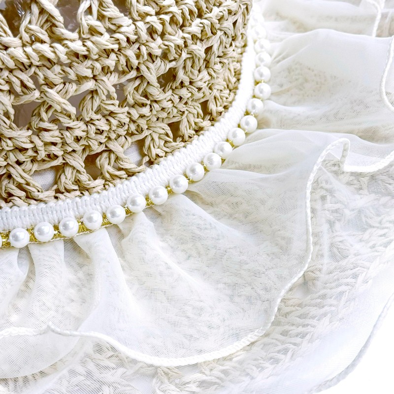 [NAMEOF] オーガンジーフリル 帽子 レディース 麦わら帽子 ハット ストローハット レディース UVカット 日除け帽子