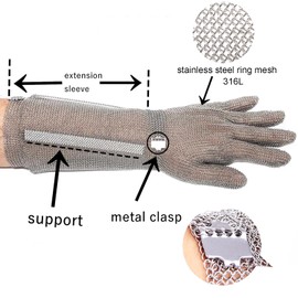 19cm Long Chainmail Glove for Butcher,Cut Resistant Gloves Food Grade,Stainless Steel Gloves Mesh Metal Glove,Finger/Arm Protective Safety Work Cut Proof Glove for Chef,Meat Cutting Wood processing(L)