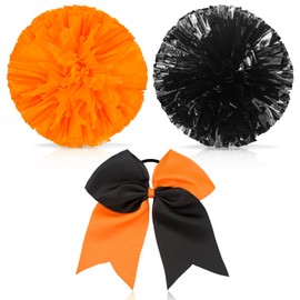 Cheerleading Pom Poms and Large Cheerleader Hair Bow for Girl, 12 Inch Large Metallic Cheer Cheerleader Pom Poms for Sports Team Spirit Cheering (Orange and Black)