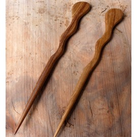 JWL (2) Teak Spiral 6" Hair Stick Pick Pic Pin Fork - Hawaiian Style