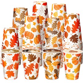 FoldTier 100 Pcs 12 oz Fall Coffee Cups Disposable Paper Cups Maple Leaves Paper Pumpkin Cups Thanksgiving Autumn Cups for Harvest Fall Party Supplies