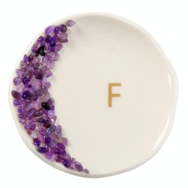 Maxsirui Ceramic Initials Ring Dish with Brazilian Amethyst Inlaid, Cute Room Decor Aesthetic, Decorative Jewelry Tray Trinket Dish, Engagement Wedding Birthday Christmas Gifts for Women (F)