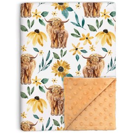 Sunflower Highland Cow Baby Blanket for Unisex, Soft Double Layer Minky with Dotted Backing, Floral Cow Theme Baby Crib Bedding Toddler Newborn Nursery Bed Swaddle Receiving Blanket, 30"x40"