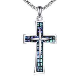 CUPENDA Cross Necklace Sterling Silver Abalone Shell Cross Pendant Necklace Religious Jewellery Gifts for Women Men