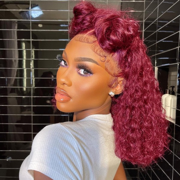 99J Bordeaux-Perücke, kurz, tief, gelockt, Lace-Front, Wasserwellen, Echthaar-Perücke, Weinrot, Echthaar-Perücke,