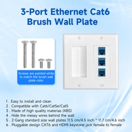 2 Gang Brush Wall Plate and 3-Port Cat6 Ethernet, RJ45 Keystone Jack Blue with Low Voltage Mounting Bracket for HDMI, Coaxial, Ethernet, Speaker Wires, Power Cords Cable Pass Through