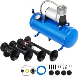 GarveeTech 4 Trumpets Train Horns Kit, 150 DB Truck Air Horn Kit with 1.6 gal Tank & 150 PSI Air Compressor, Train Horns for Pickup Trucks, Car, Motorcycle, Semi, Jeep, RV, SUV, Van, Boats, Blue