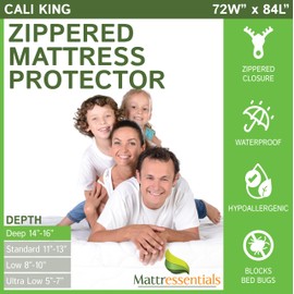Zippered Cali King Mattress Protector (14"-16" Depth) - Bed Bug Waterproof Mattress Cover, Premium Quality Hypoallergenic Encasement White