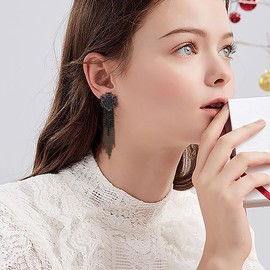 EVER FAITH Snowflake Tassel Earrings for Women, Rhinestone Long Waterfall Beaded Dangle Statement Earrings Christmas Holiday Party Jewelry Hypoallergenic Safe for Sensitive Ears Black Black-Tone