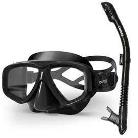 COPOZZ Snorkeling Gear for Adults, 180° Panoramic View Anti-Fog Anti-Leak Tempered Glass Diving Mask, Dry Top Snorkel Set for Scuba Diving, Swimming, Freediving（Black）