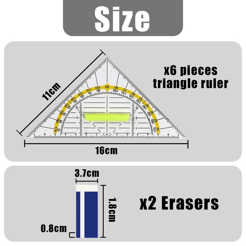 6 Pieces Triangle Rulers, 2 Pieces Erasers, Plastic Rulers, Multi-Function