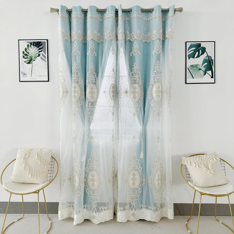 Amidoudou 1 Pair European Double Layer Curtains with Valances for