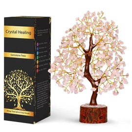 NARIBABU Rose Quartz Crystal Tree with Golden Wire – 10-12 Inch Gemstone Tree on Wooden Base – Gifts for Her, Crystal Decor, Spiritual Gift, Birthday Gift for Women, Healing Trees for Home