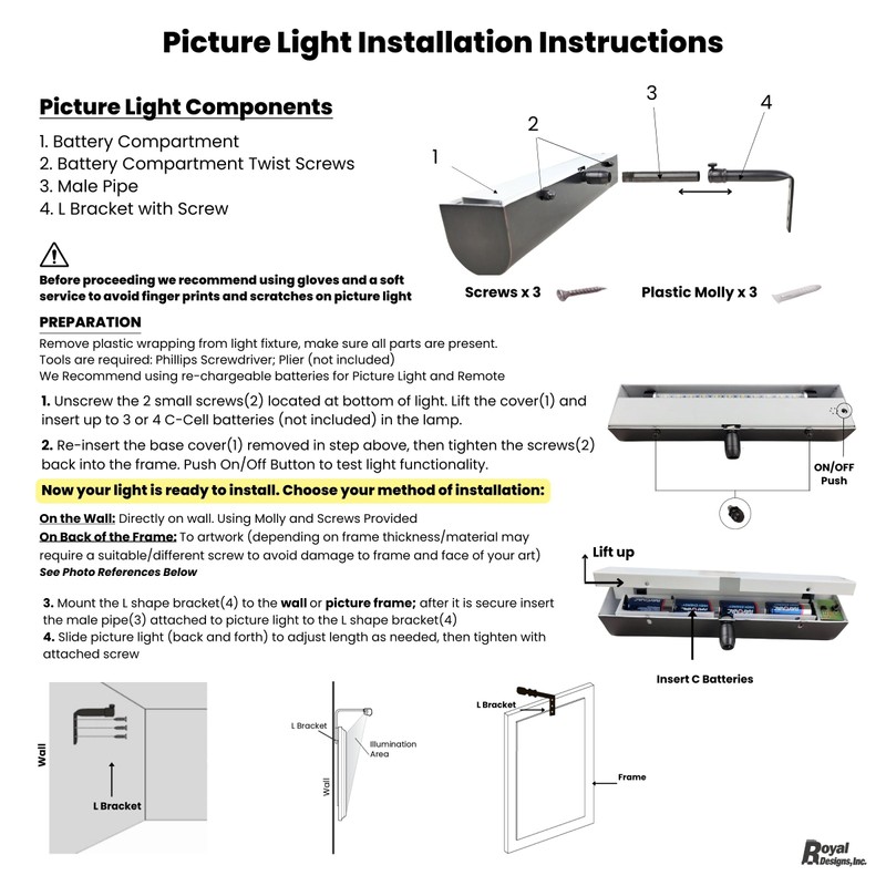 Royal Designs, Inc. Cordless Remote Control LED Picture Light, Dimmable
