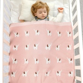 LAWKUL Baby Blankets for Newborn 100% Cotton Knitted Elephant Soft Blanket Airy for Boy Girl Pink, Pram/Mose Basket(90x70cm)