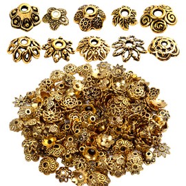 200pcs Antique Gold Bead Caps Spacer Beads Flower Bead Caps Bali Style for Necklace Bracelet,10 Styles