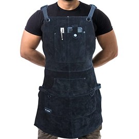 FIGHTECHÂ® Leather Work Apron with Tool Pockets | Welding Apron w Kevlar Stitching | Woodworking Shop Apron | Adjustable M-XXL (Black, Leather)
