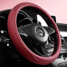 Universal 15 Inch Steering Wheel Cover - Breathable PU Leather with Odorless Rubber Grip, Non-Slip Classic Design, Fits Most Cars & SUVs (Burgundy)