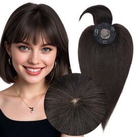 MY-LADY Human Hair Toppers for Women Real Human Hair with Bangs Thin 8.5 * 8.5CM Mono Base Clip in Remy Hairpieces Light Weight 14 Inch Natural Black